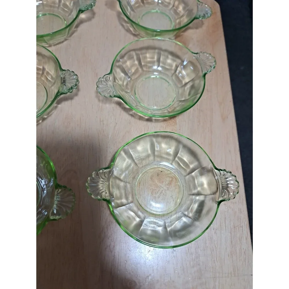 6 Vintage Uranium Glass Berry Dessert Bowls with Handles